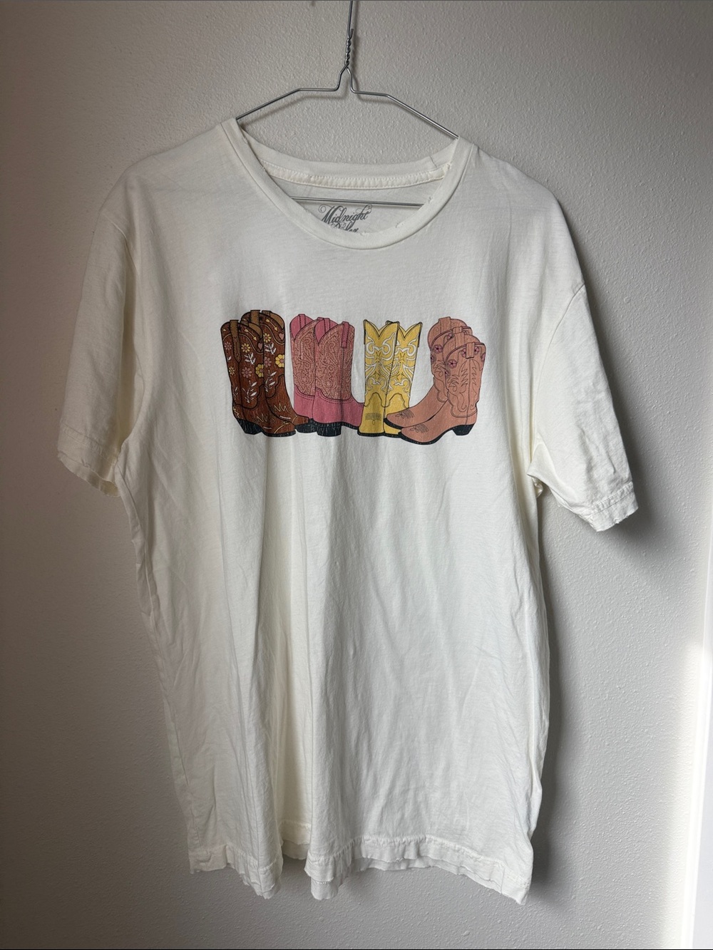 Midnight Rider Cream Tee with Pink, Yellow & Brown Boot Print